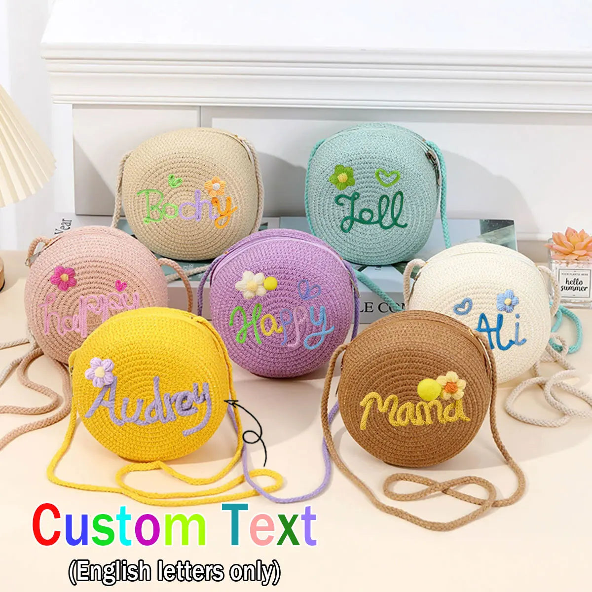 Personalized Custom Name Bag — Spring/Summer Round Straw Bag, Women's Beach Bag, Casual-Style Crossbody & Handbag