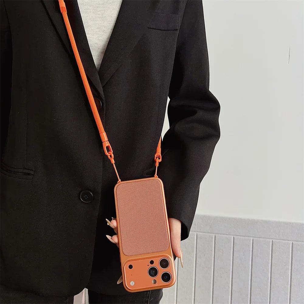 Crossbody Lanyard Knitted Pattern Phone Case For iPhone 17 17Pro 16 15 14 13 12 11 Pro Max Metallic Color Frame Original Cover