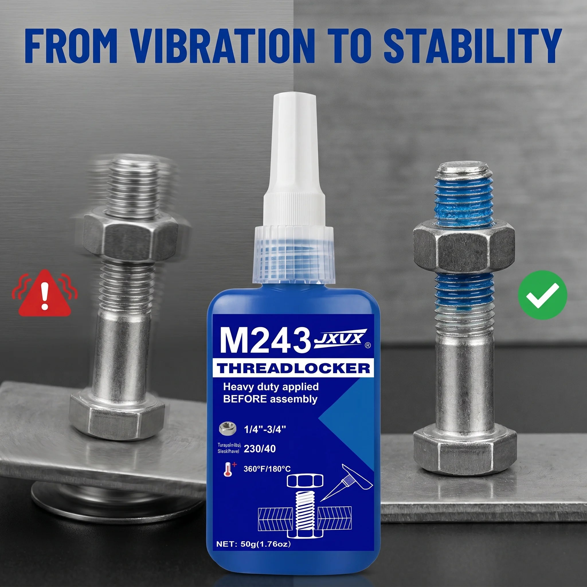 50 ml Blue 243 Medium Strength Threadlocker, Anaerobic Epoxy Sealant, Hardware Adhesive, Removable, for Nuts, Bolts, Fasteners and Metals; Prevents Loosening in the Manufacturing of