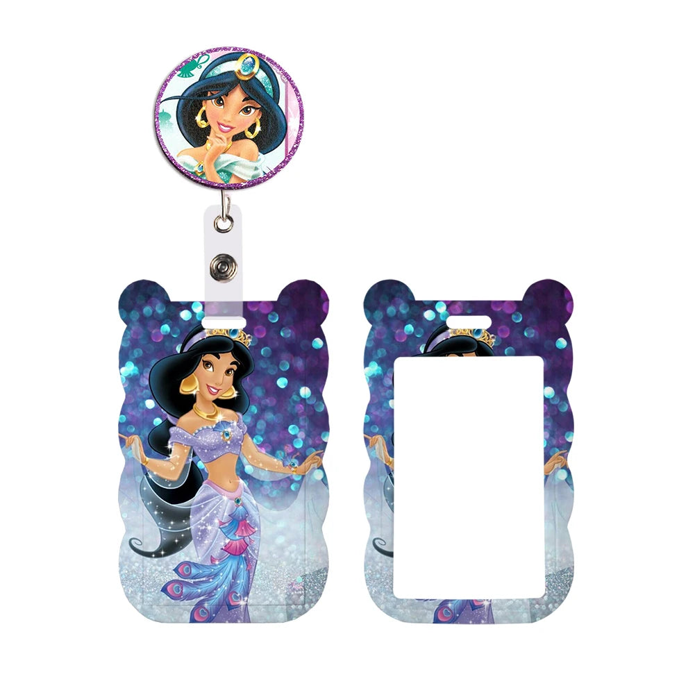 Disney Jasmine Princess Irregular Head Shape Badge Holder Lanyard Keys Chain ID Credit Card Cover Bus Card Holder Glitter Charms