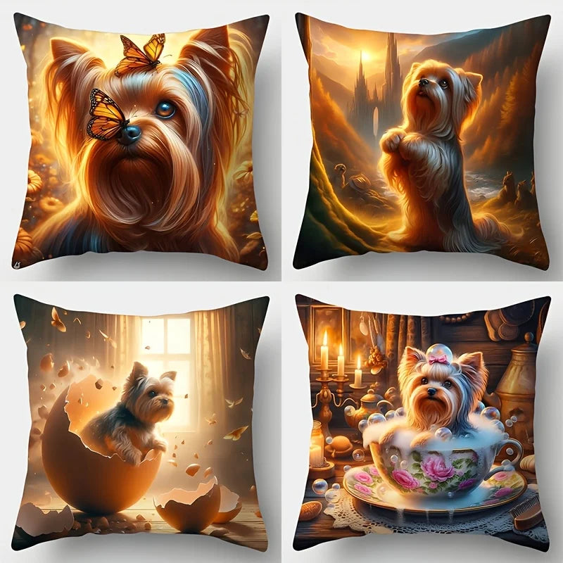 4pcs Cute Pet Animal Print Pillow Covers Adorable Yorkshire Terrier Dreamy Pattern Decorative Cushion Cases for Living Room Sofa