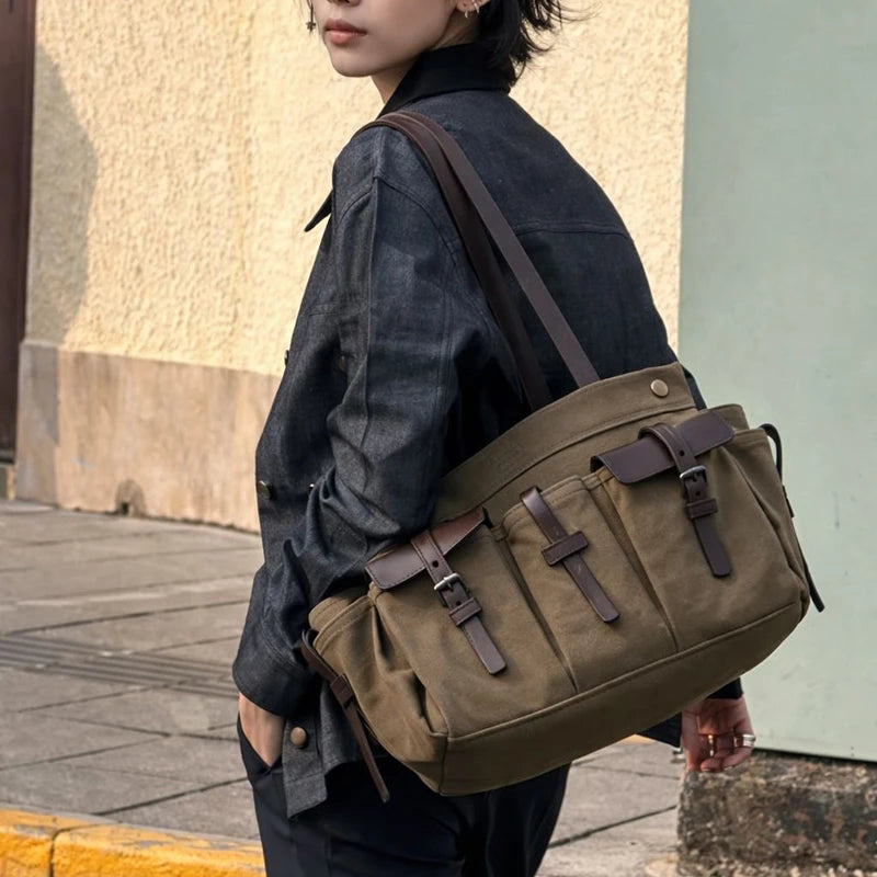 Luxury Canvas Leather Multi-Pocket Tote Bag,Women Zipper Closure Vintage Shoulder Bag,Motorcycle Biker Style Handbag,Lightweight