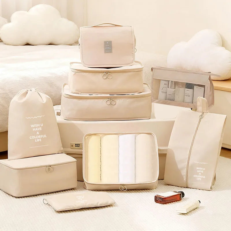 9Pcs Travel Packing Cubes Set Waterproof Luggage Organizer with Drawstring Pouches for Clothes Shoes Cosmetics Underwear - Suitc