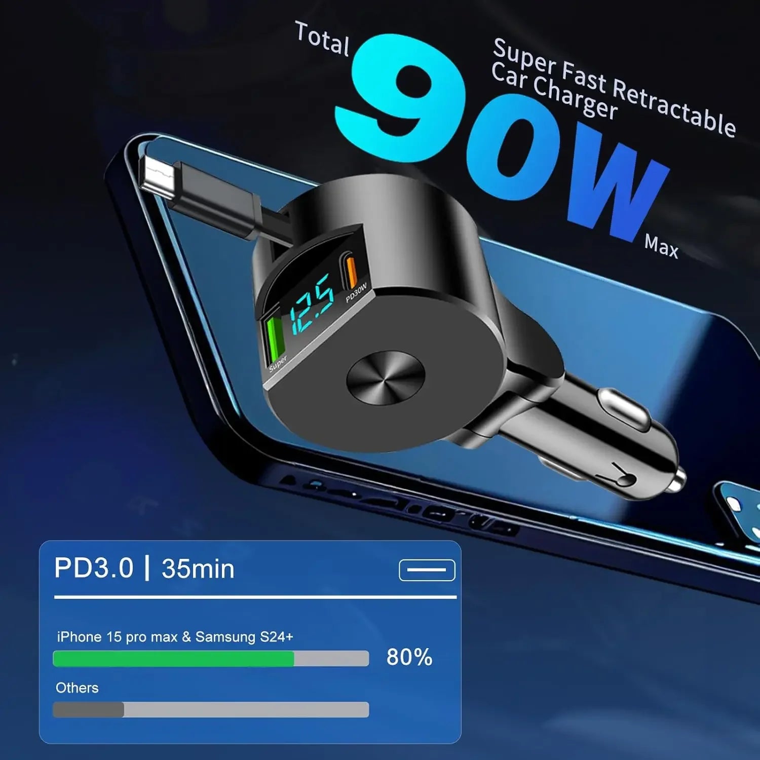 Upgraded Retractable Car Charger 3 in 1, 69W Fast Charging PD30W+2.4A Voltage Display Dual Cables for iPhone & Android