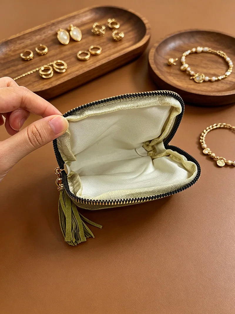 BUYLEMO Retro Velvet Tassel Jewelry Organizer, Portable Zippered Earring & Ring Storage Pouch