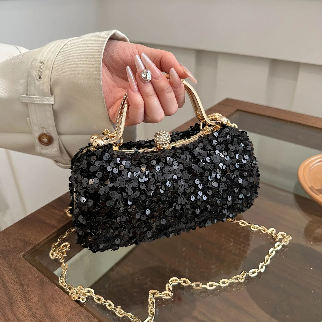 Beaded Sequin Gold Diamond Dinner Bag Women's Handmade Fashion Party Banquet Dress Portable Shiny Rhinestone Handbag Sac Mariage