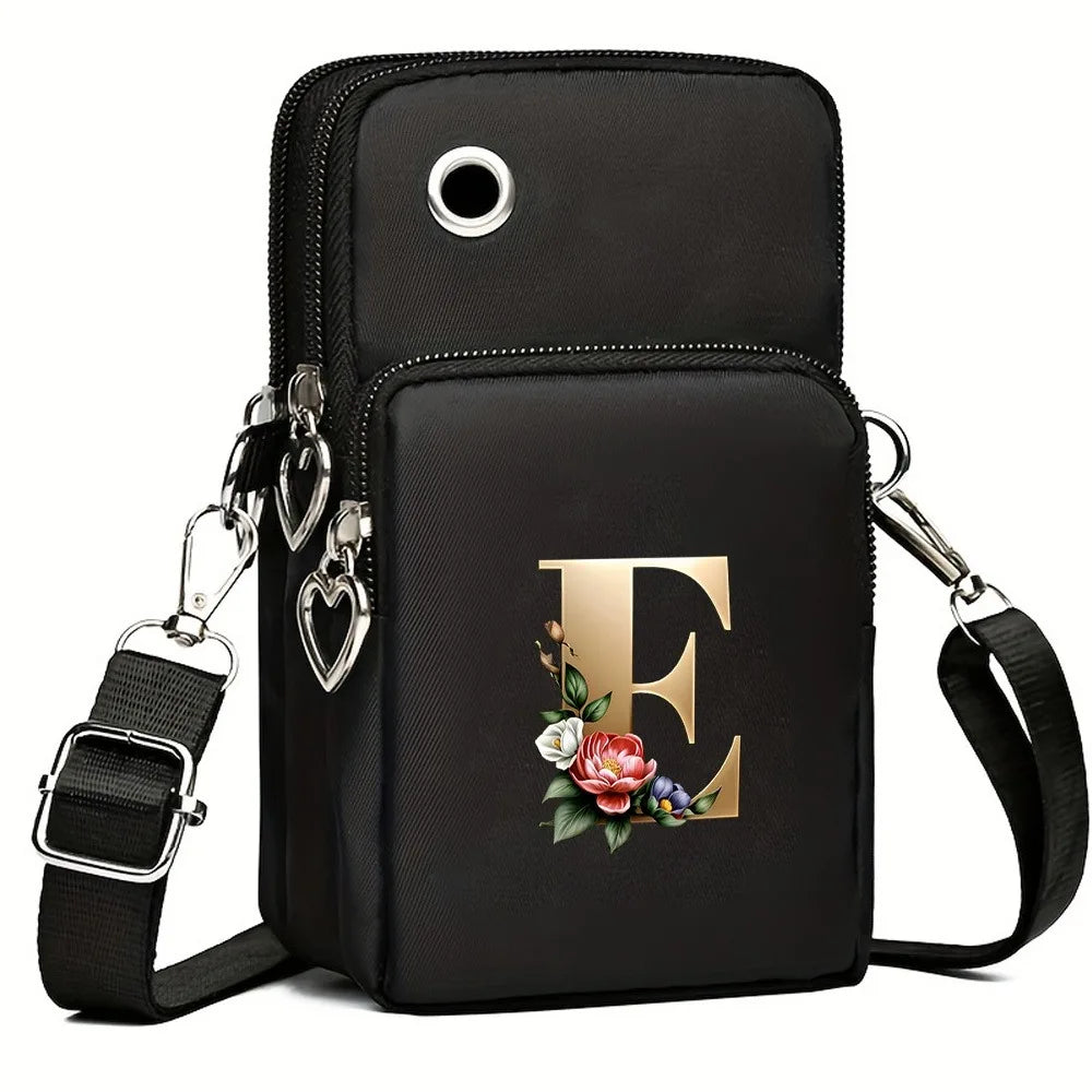 Fashion A-Z Letter Print Women's Crossbody Bag Large Capacity Three-Layer Zipper Phone Bag Daily Travel Coin Purse