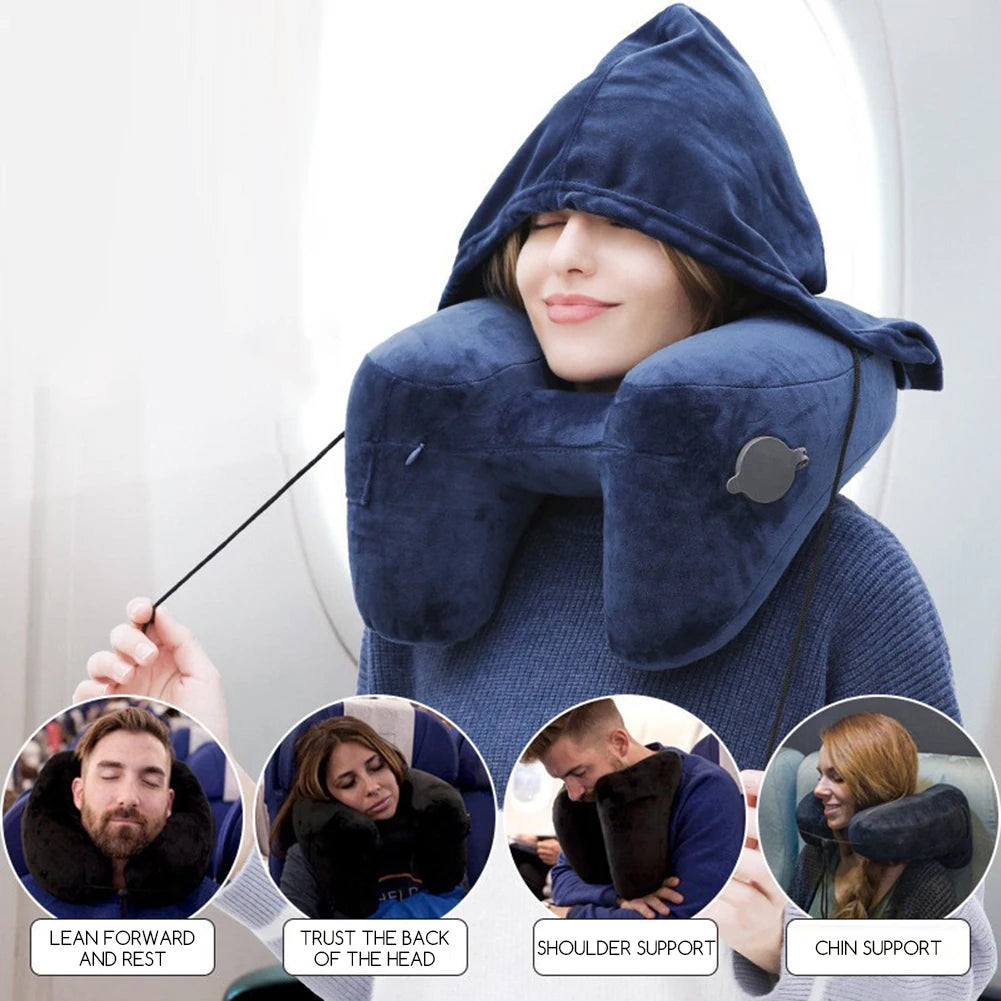 Inflatable Neck Pillow With Hat,U Shape Travel Neck Pillow,Comfort Support Inflatable Airplane Pillow,Airplane Neck Cushion