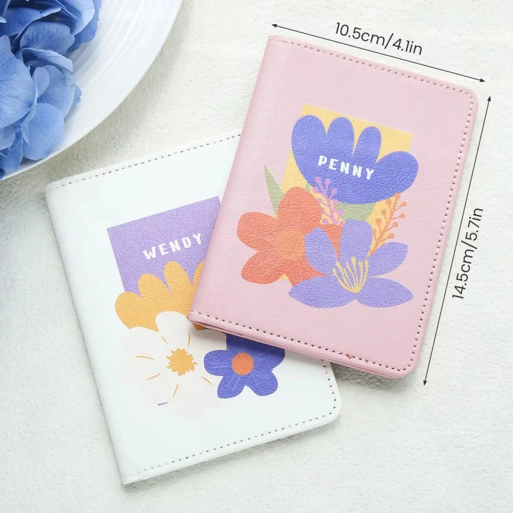 Personalized Floral Print Vegan Leather Passport Cover With Customized Name, Textured Flower Pattern Passport Holder