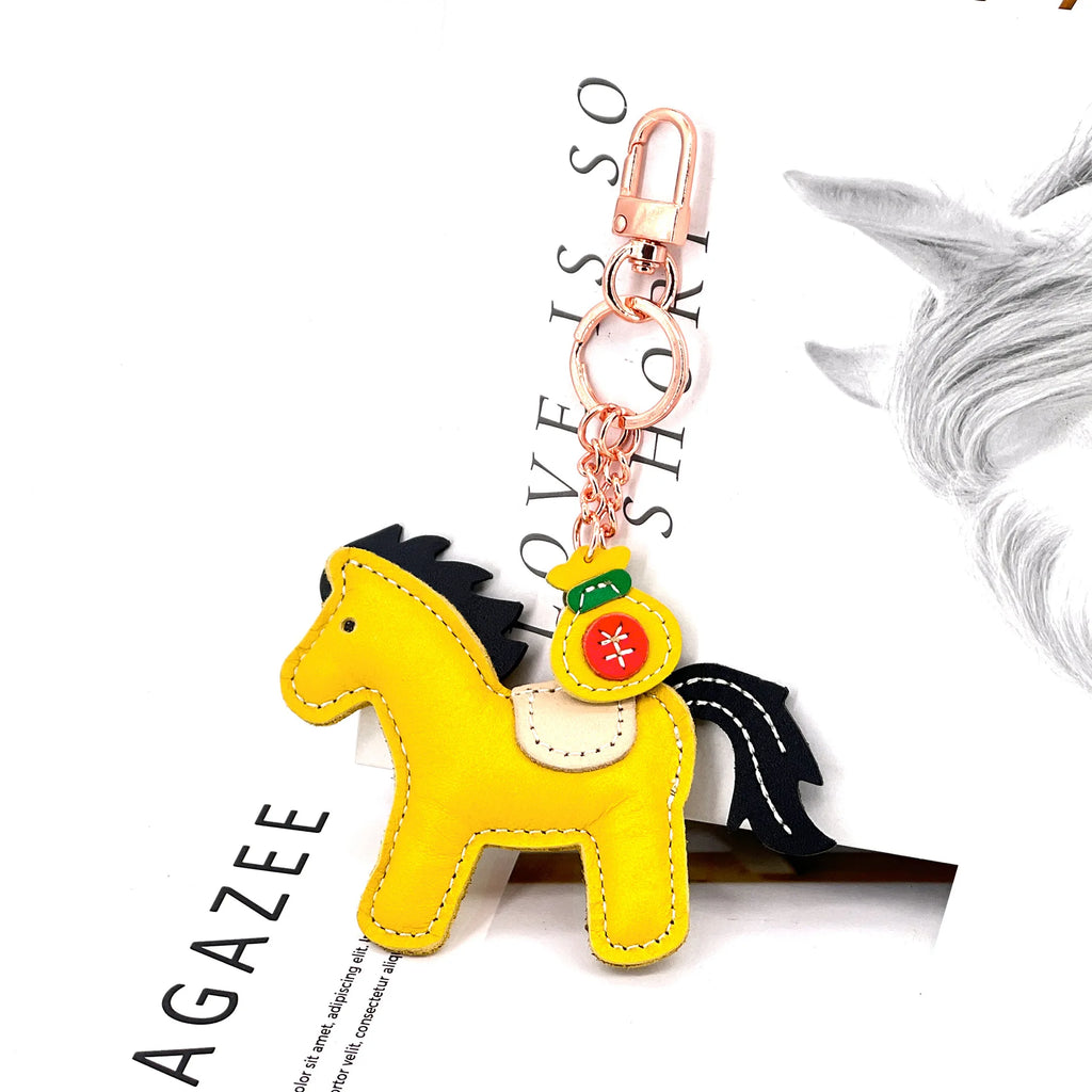 New Trendy Cow Leather Pony  Key Ring Handbag Pendant Cute Horse Keychain Luggage Bag Parts Accessories