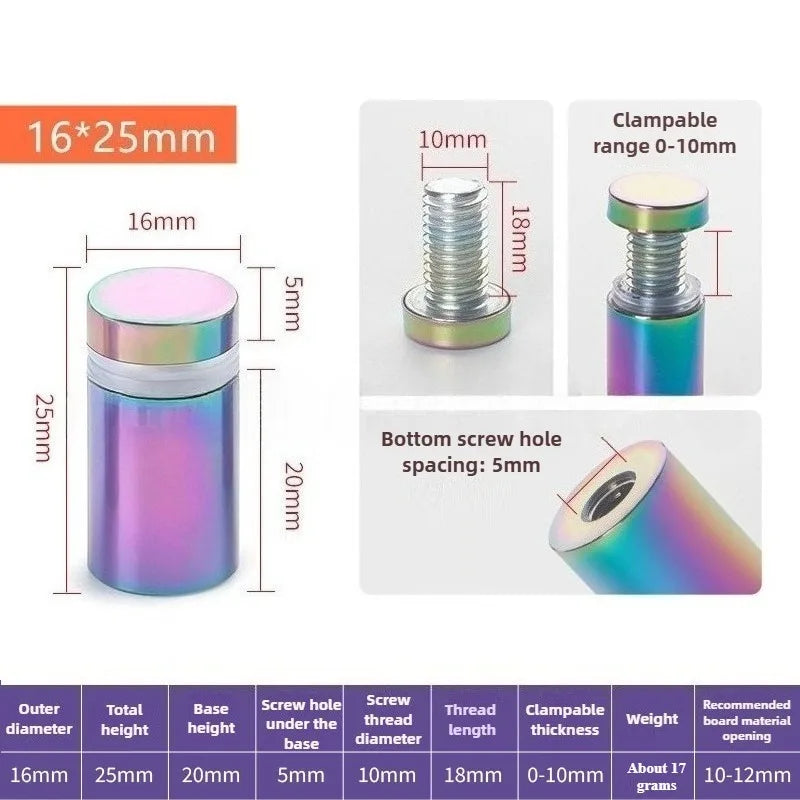 4Pcs Rainbow acrylic Picture Frame Glass Sign Standoff Nail Wall Mount Standoff Holder Stainless Steel Advertise Fixing Screw
