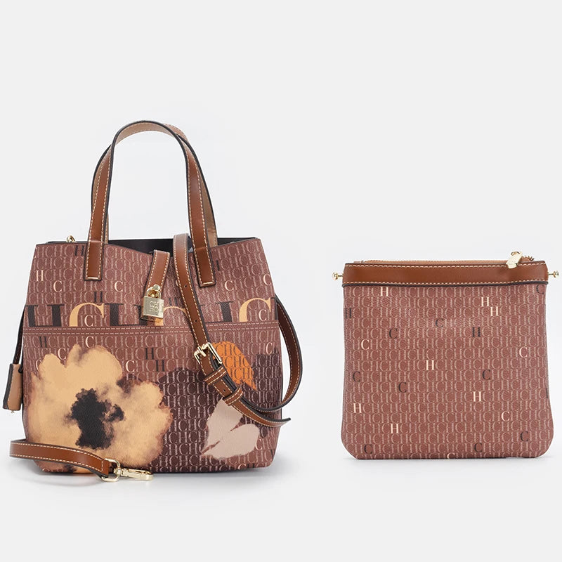 CH Letter Print Tote Bag Set 2 in 1 Large Capacity Women Handbag with Detachable Strap + Mini Clutch Casual Office Shopping Bag