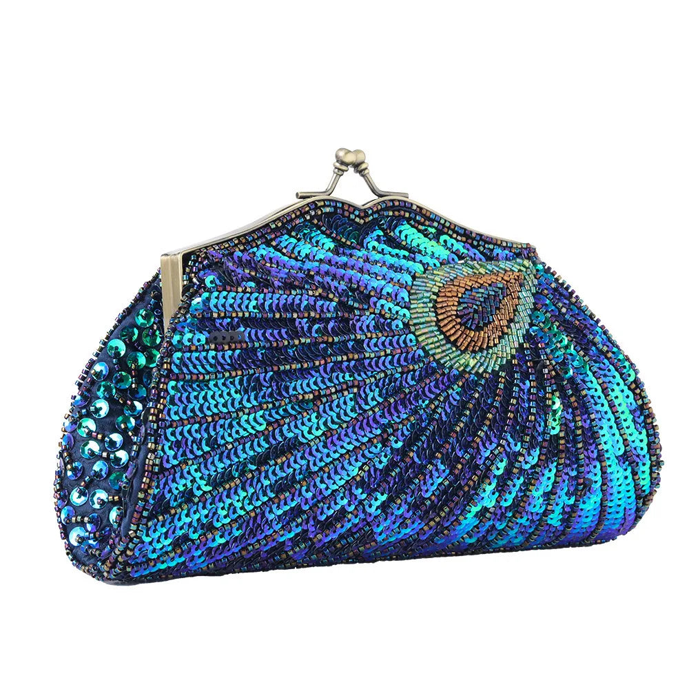 Lost in Vinatge Evening Bag with Sparkly Glitzy Turquoise Peacocks Beading Clutch with Antique Gold Hardware and Black Silky Bag