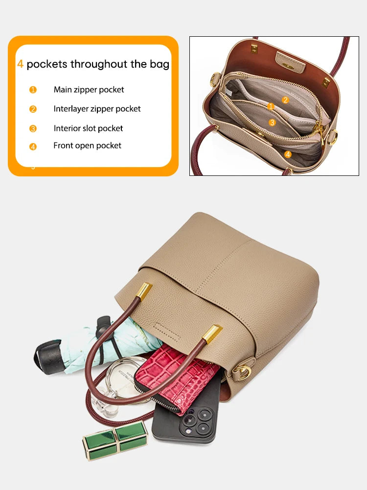Zency Genuine Leather Top Quality Bucket Bag for Women Versatile Handbag Leather Tote Bag Green Crossbody Shopper Bags