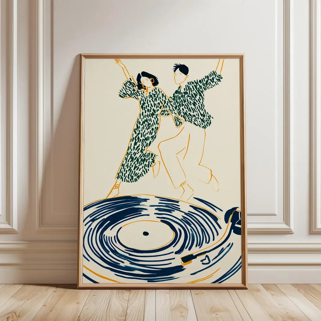 Dancing Couple Wall Art Print, Retro Record Player Poster, Modern Music Inspired Illustration for Home Bar or Living Room