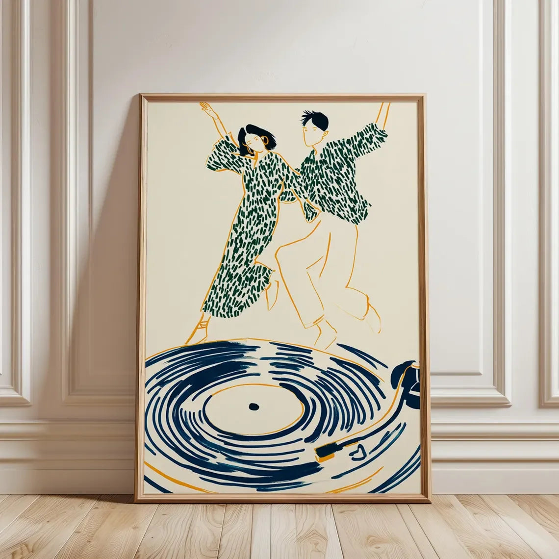 Dancing Couple Wall Art Print, Retro Record Player Poster, Modern Music Inspired Illustration for Home Bar or Living Room