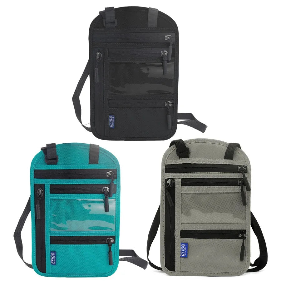 RFID Blocking RFID Passport Bag Multi-Pockets Anti-theft Passport Document Bag with Adjustable Neck Strap Waterproof
