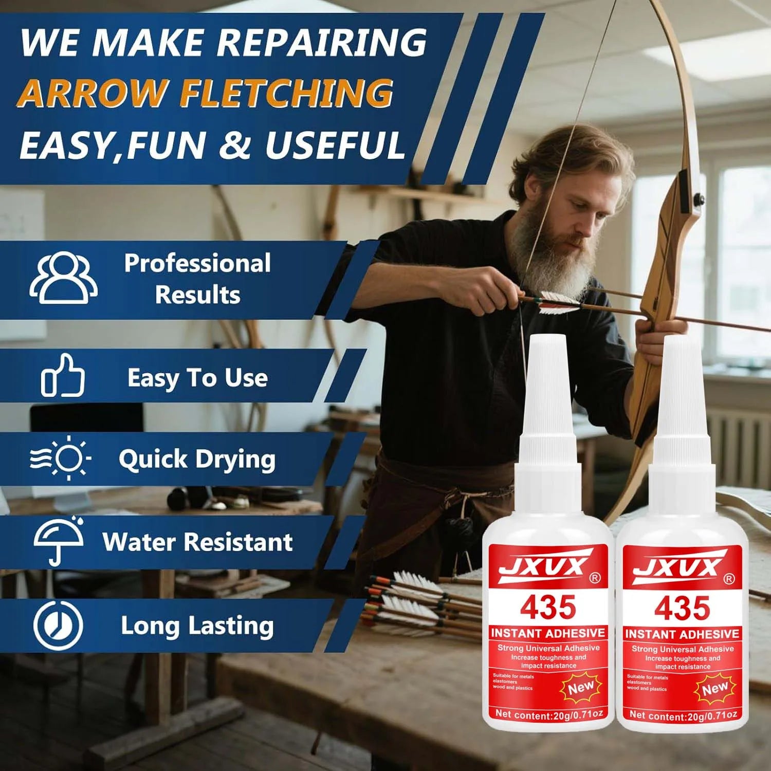 JXVX Fletching Glue 20g, Heavy Duty Arrow Glue Kit for Carbon, Aluminum, Wood Shafts, Instant & Clear Arrow Insert Adhesive Bonder for Fletching Vanes, Feathers and Inserts,1-10pcs.