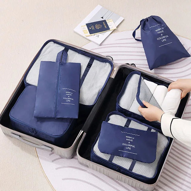 7Pcs Travel Packing Cubes Set Waterproof Luggage Organizer with Drawstring Storage Pouches for Clothes Shoes Underwear - Suitcas