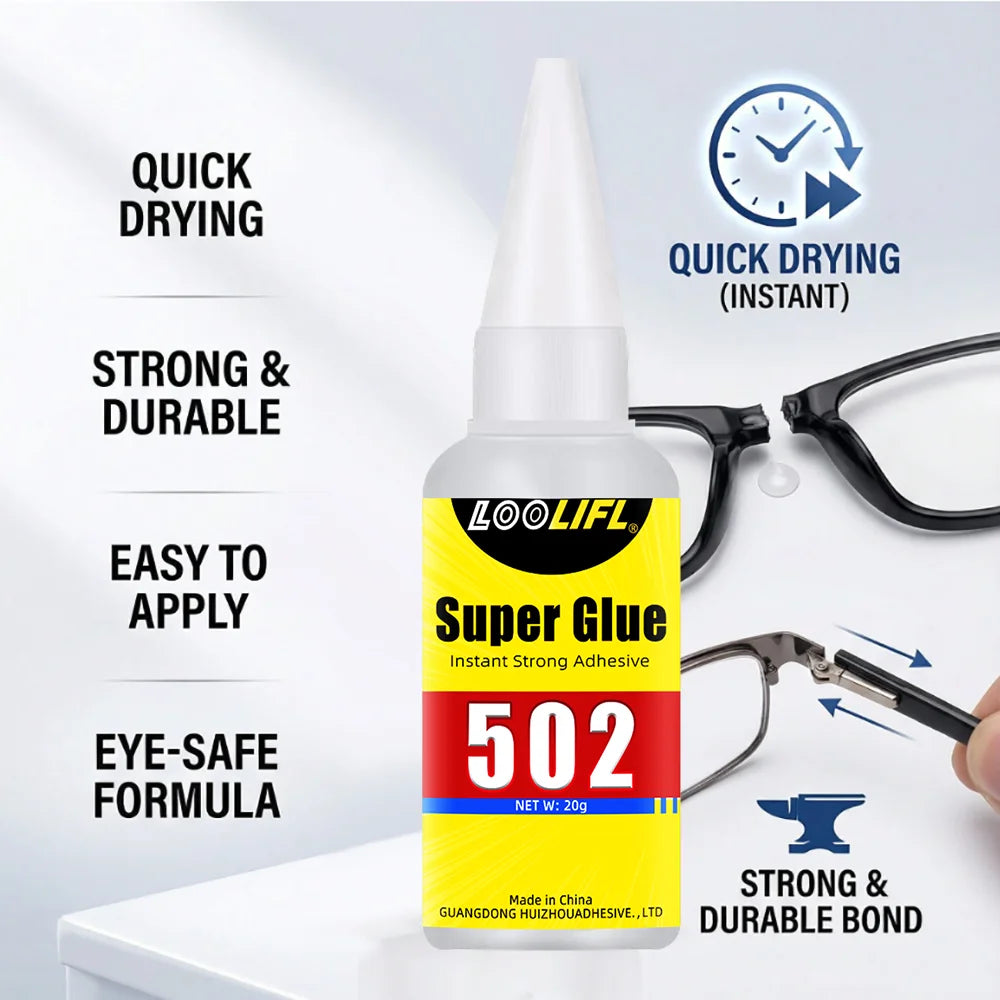 Loolifl 502 Super Glue 20g Cyanoacrylate Adhesive Household Quick Dry Waterproof Glue for Daily Repair DIY Craft Multi-Purpose
