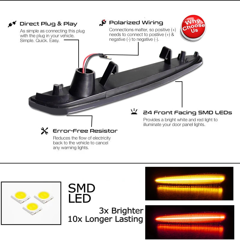 For Chevrolet Chevy Corvette C6 2005-2013 Full LED Side Marker Light Front Rear Amber Red Auto Turn Signal Lamp 12V
