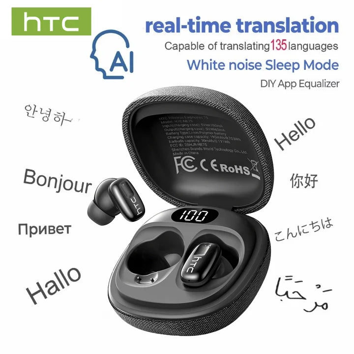 HTC NE75 Bluetooth Earphones 135 Language AI translator Earbud Low Latency Battery Display Long Battery Soft Wireless Headphones