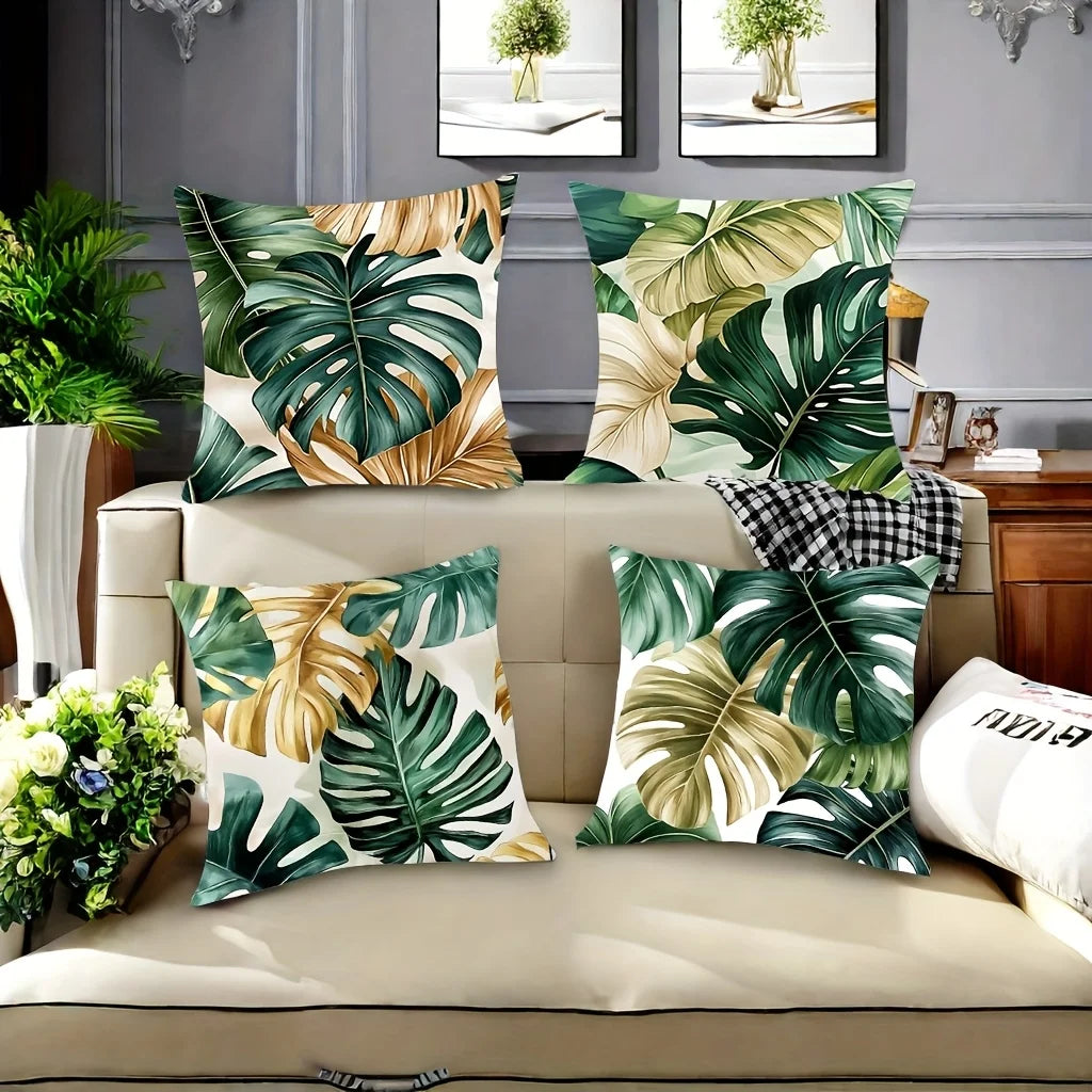 4-piece tropical palm leaf pillowcase set - zipper polyester cushion covers for sofa and living room decoration