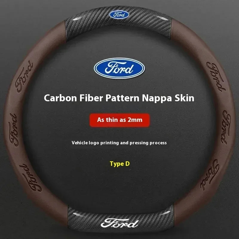 For Ford Mondeo Focus Raptor Puma Edge Explorer Ecosport Ranger F150 Kuga Car AntiSlip Carbon Fiber Leather Steering Wheel Cover