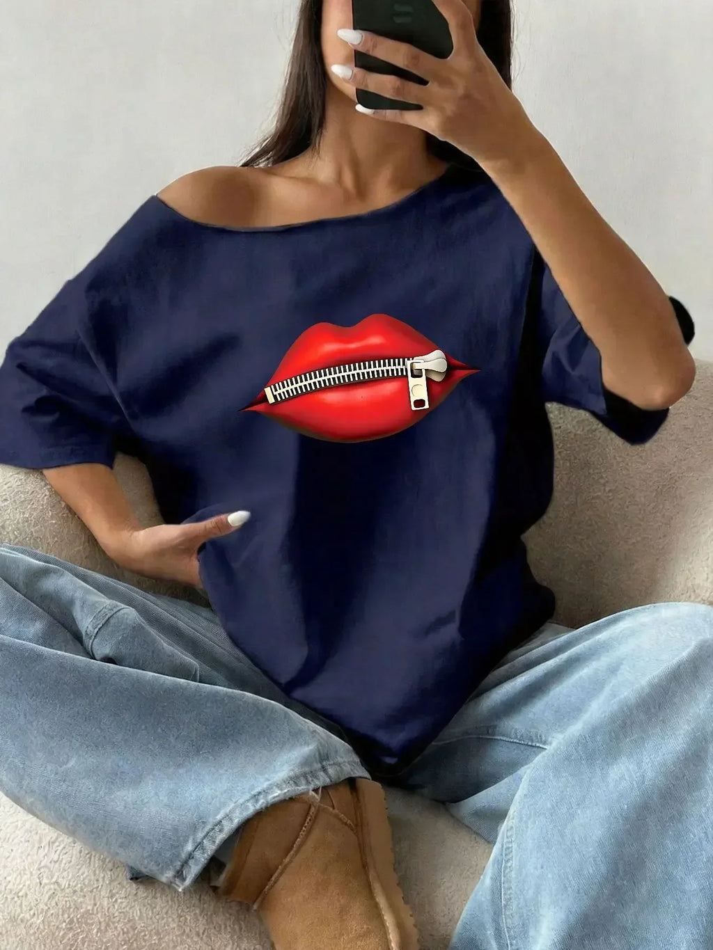 100% Cotton Plus Size Red Lips Zipper Print Shoulder Loose Print T-Shirt Oversized Y2K Style Graphic Tees Women Tops Summer O