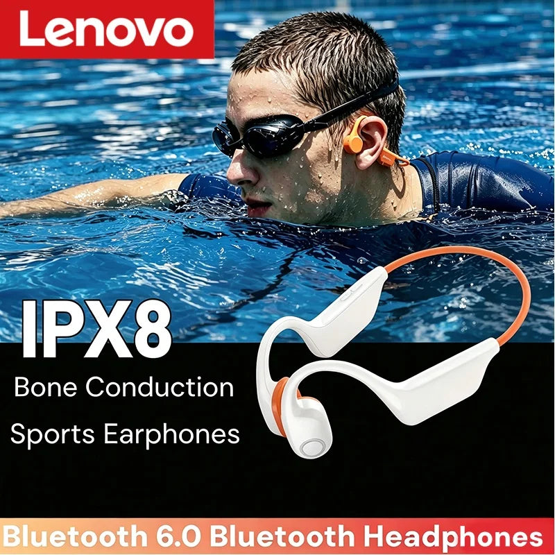 Lenovo Open-Ear Bone Conduction Bluetooth Headphones with Extra-Long Battery Life Perfect for Running, Cycling Swimming Sports