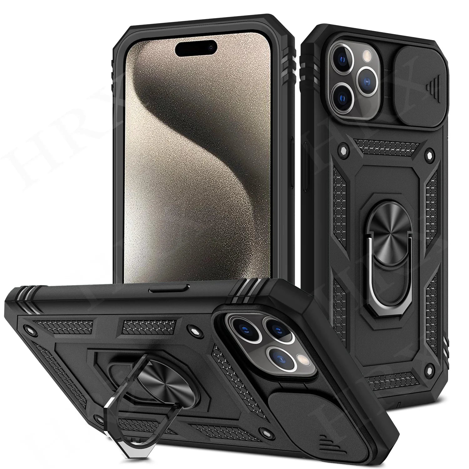 Case For iPhone 16 15 14 Pro Max 13 12 11 Pro Plus 360 Full Body Rugged Protective Slide Camera Stand Protection Ring Cover