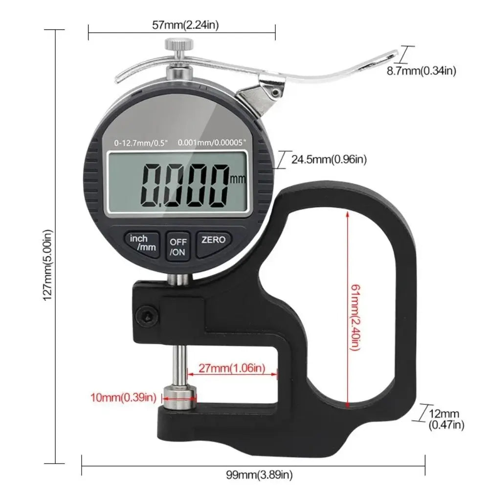 0.01/0.001mm Electronic Thickness Gauge Range 0-12.7mm LCD Screen Display Digital Thickness Tester High Precision Portable