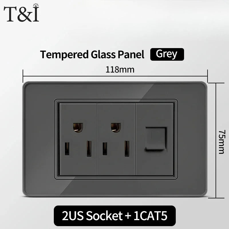 118*75mm Tempered Glass Socket US Wall Socket Thai USB Socket Plug with Dual USB Type-C Ports,Light Switch 110V