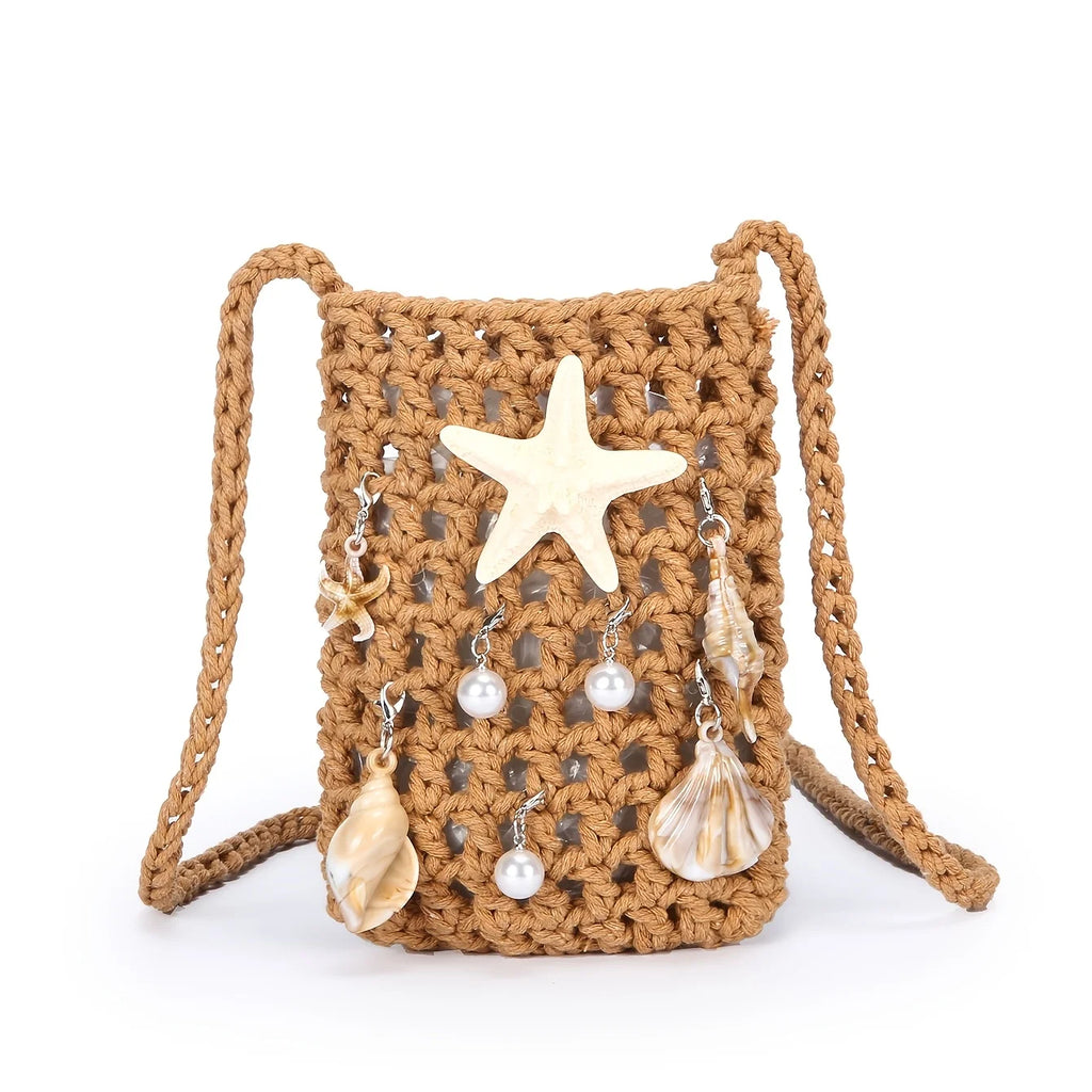"Crochet Evening Bag w/ Ocean Pendant – Casual Chic for Women, White-Collar, Gifts for Mom, Teacher, Friend."