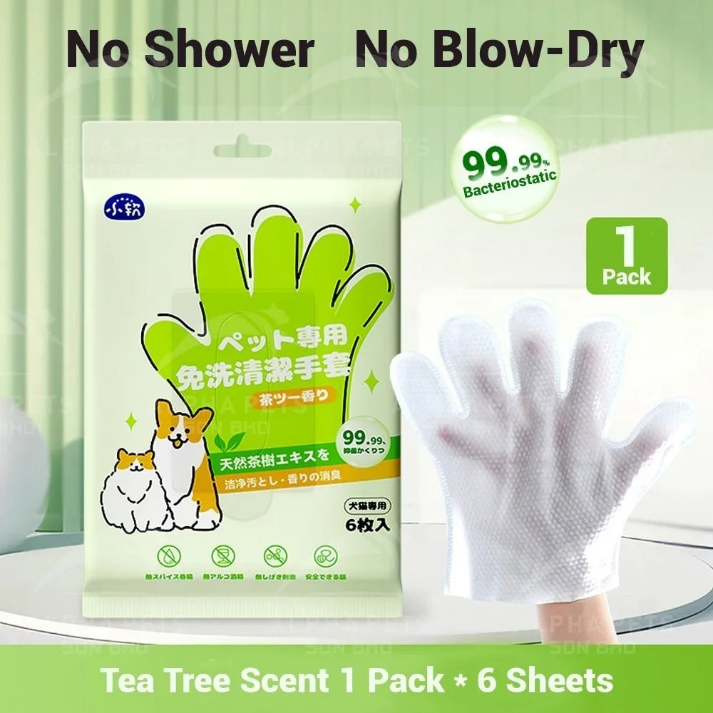 Pet Grooming Gloves Disposable Tissue Bath, 6pcs Per Pack Gentle Formula, For Cats Dogs Puppies, Pet Cleaning Supplies