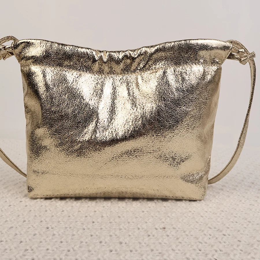Golden Drawstring Lightweight Portable Evening Bag Sunday Party Shopping Versatile Handbag to Store Mobile Phone Shoulder Bag