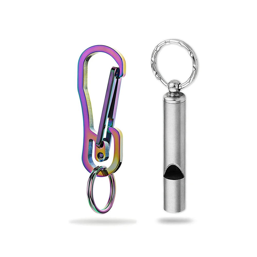 Portable Metal Carabiner Shape Key Ring Keyring Key Holder Clips Hook Holder Organizer Emergency Survival Whistle Keychain