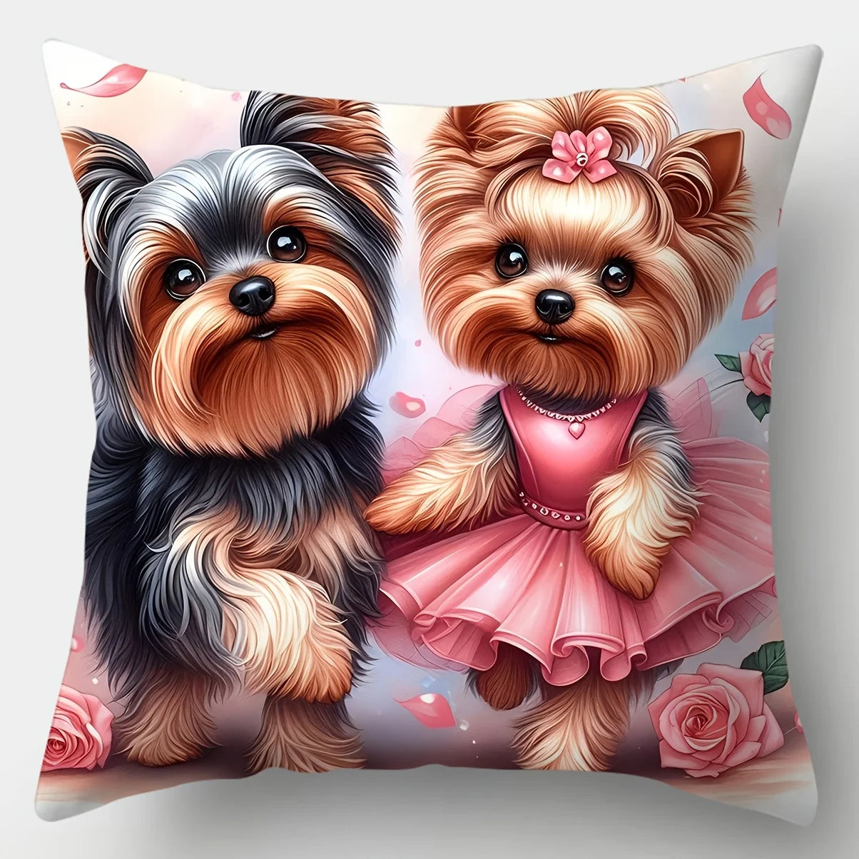 4pcs Healing Dog Couple Print Pillow Covers, Featuring Adorable Yorkshire Terrier Cute Puppy Pattern, Decorative Cushion Cases