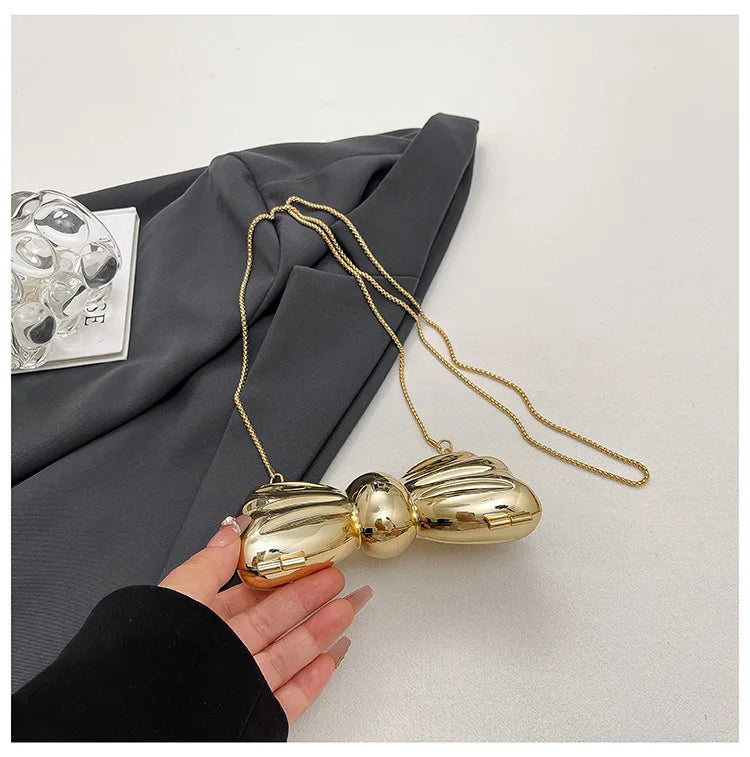Metallic Gold 3D Bow Shaped Mini Hard Case Crossbody Bag, Glossy Mirror Surface Metal Clutch with Detachable Oval Link Chain Strap, Cute Luxury Evening Micro Handbag for Lipstick Small Accessories