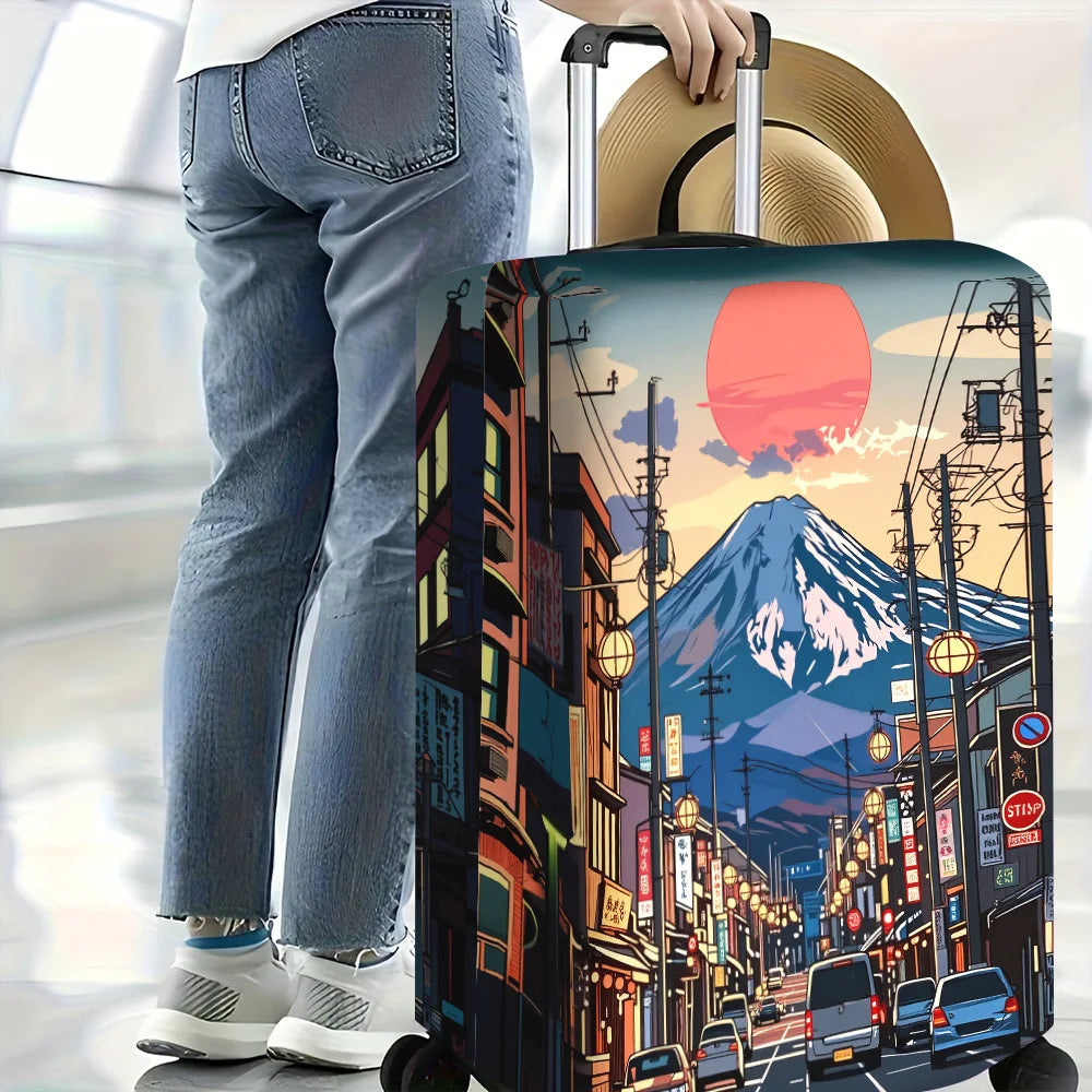1 PC Vibrant Anime Style Japanese Sunset Print Luggage Cover for Luggage 18-32 Inches; Dust and Elastic Travel Accessories to