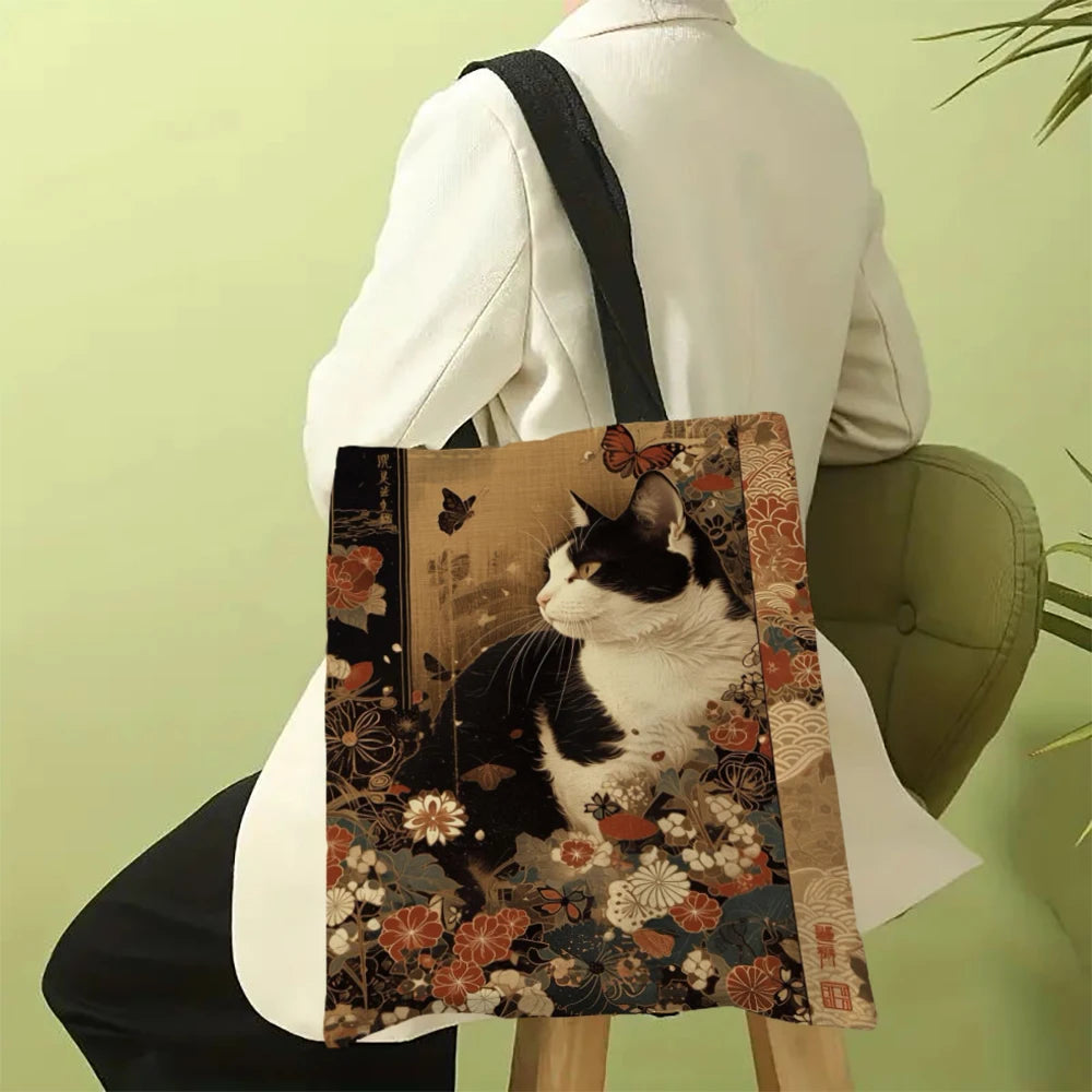 Classic Black And White Cat Tote Bag With Cat Print, Reusable Shoulder Shopping Beach Bag For Women, Durable Casual Carryall