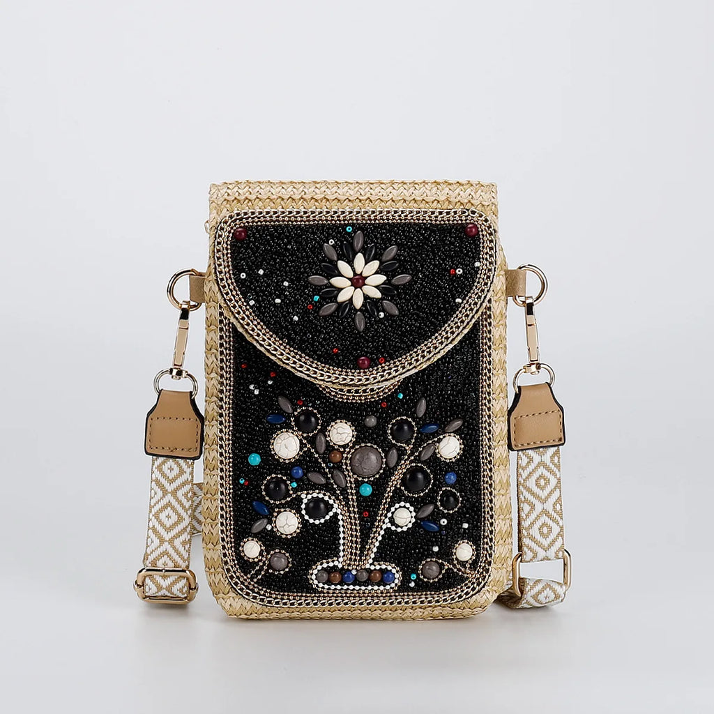 Advanced straw woven crossbody bag, new fashionable rice bead bag, European and American woven women's shoulder phone bag