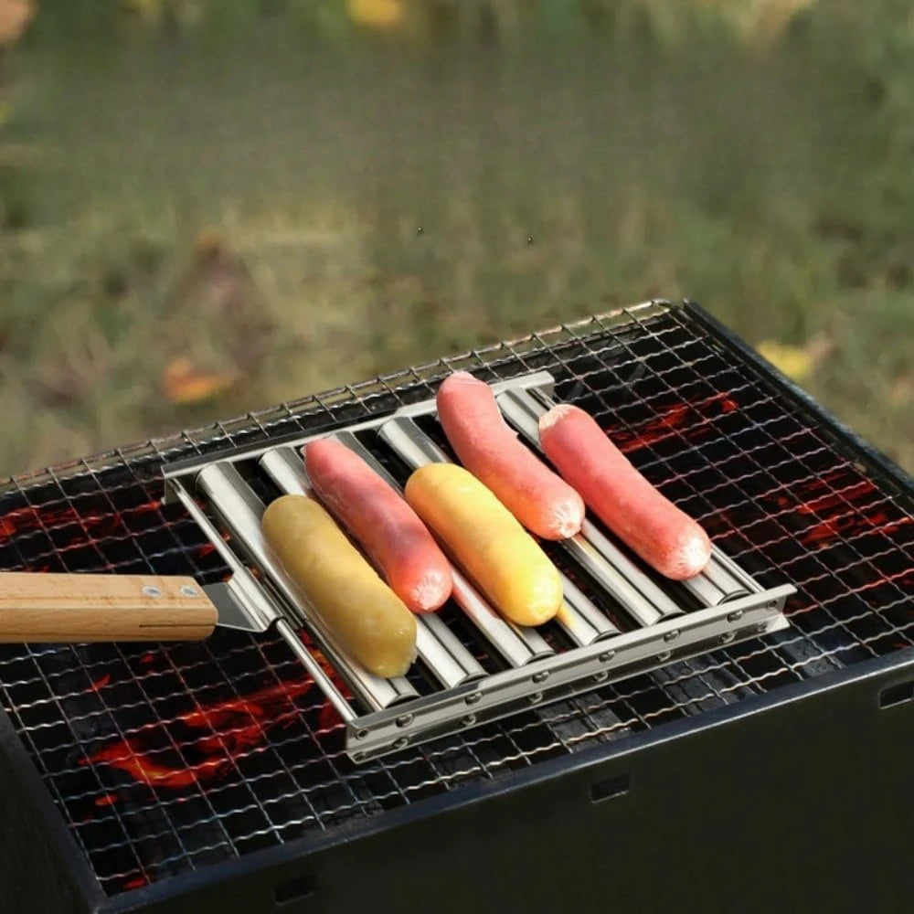 Portable Stainless Steel Hot Dog Sausage Roller Grill Long Wooden Handle Even Cooking BBQ Tool For  Picnic Camp Outdoor Barbecue