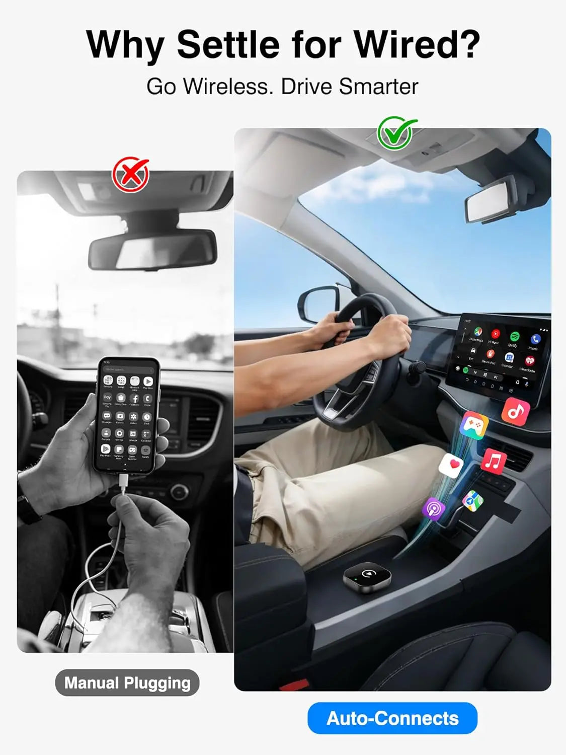2-in-1 Wireless CarPlay & Android Auto Adapter 5.8GHz Pro – Seamless Switch for Multi-Driver Families – Convert Factory Wired to