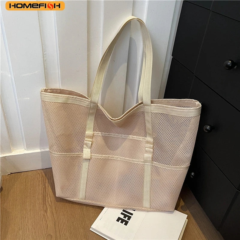 HOMEFISH Multipocket Summer Large Beach Bag For Towels Mesh Durable Beach Bag For Toys Waterproof Underwear Pocket Beach Tote