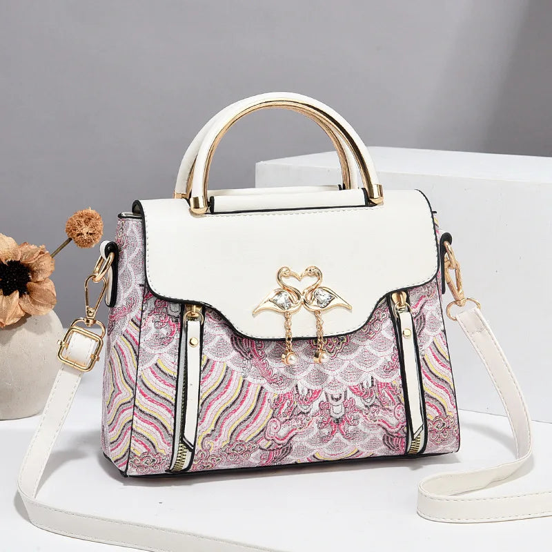 Classic Top Handle Satchel with Swan Rhinestone, Convertible Crossbody Bag with Detachable Strap for Elegant Women's Handbag