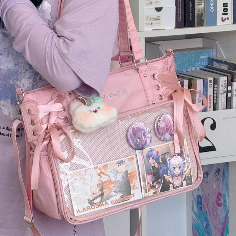 Large Capacity for Class Book Carrying Mailman Bag Girls Bow JK Shoulder Ita Bag Handbag College Style Crossbody Bag with Ribbon