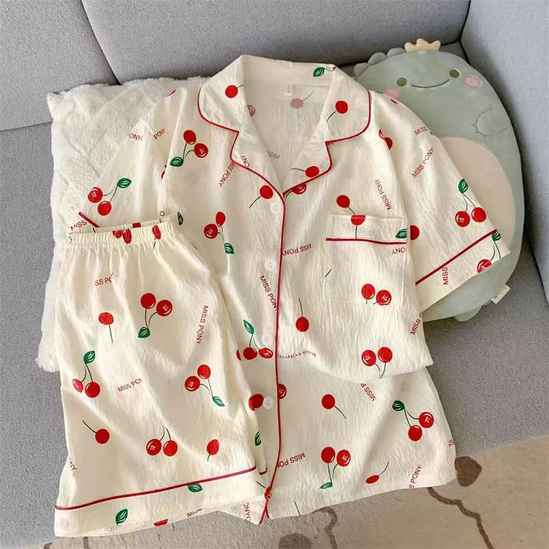 Women's Summer Pajamas, Thin Cherry-Patterned Short-Sleeved Shorts, Sweet and Cute, Can Be Worn Outside in Summer, Two-Piece Home Wear Set