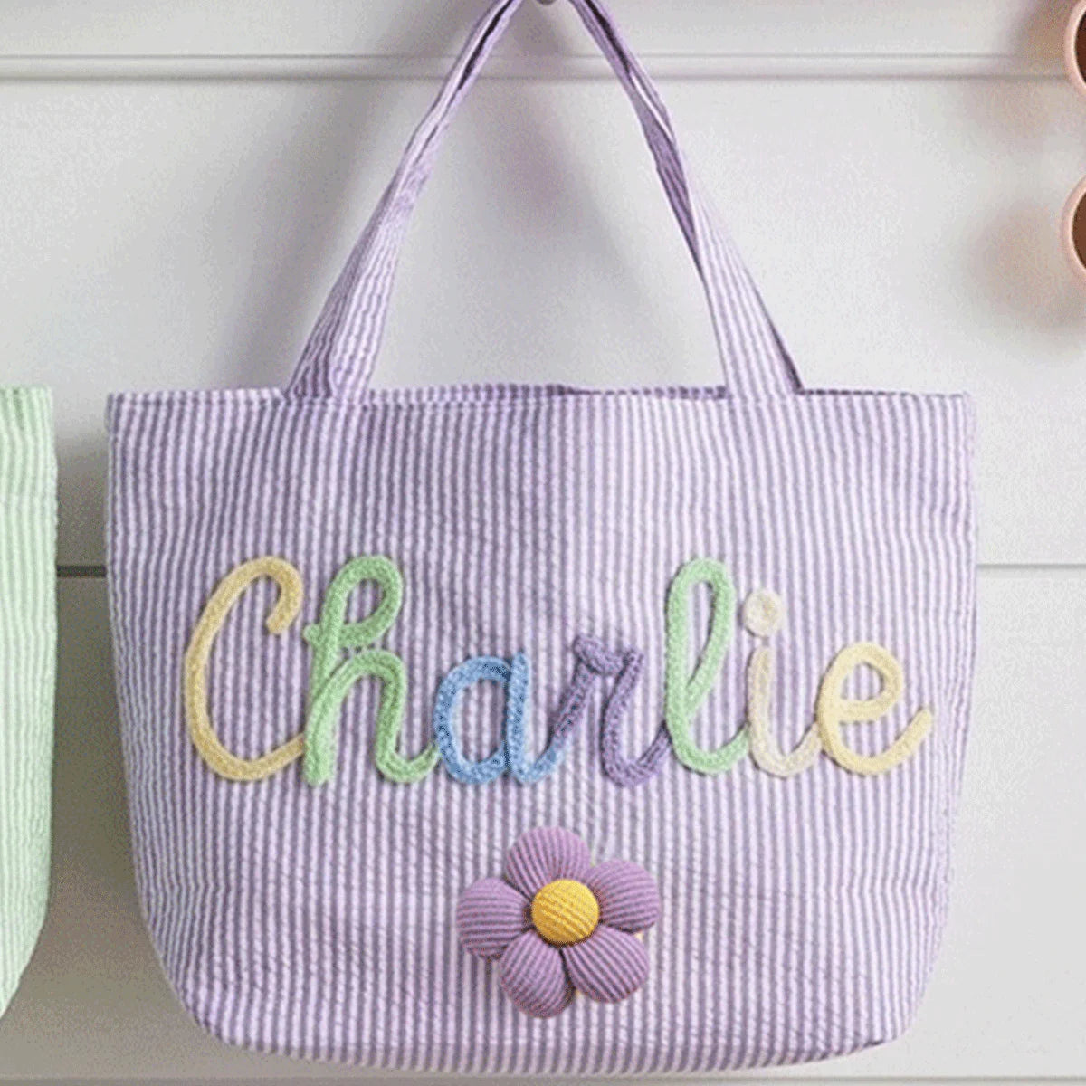 Custom Seersucker Cosmetic Handbag and Travel Organizer — Personalized Chenille Letter Toiletry Bag and Summer Beach Tote