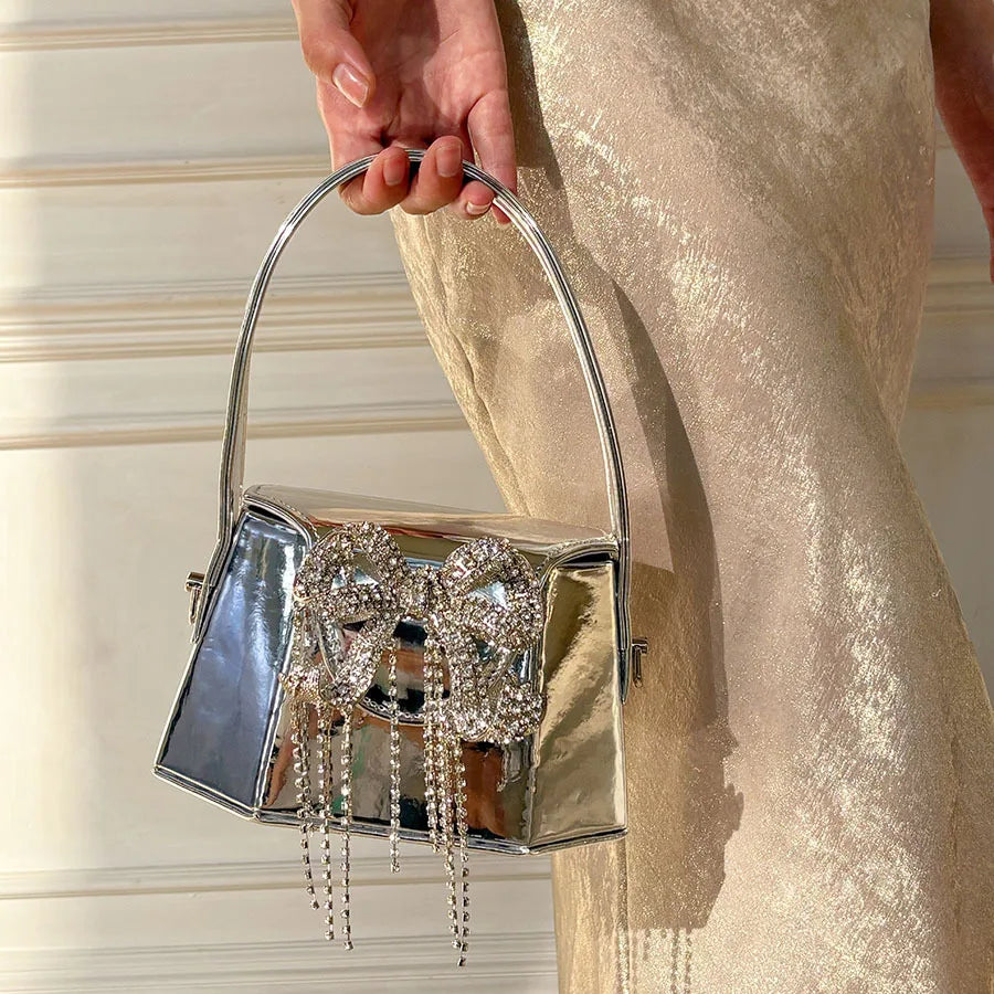Mirror Mini Portable Small Bag Glossy Metal Embellished Rhinestone Bow Tassel Exquisite Small Dinner Bag